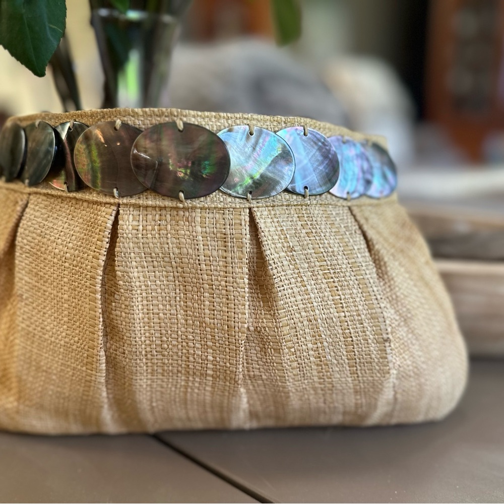 Tommy Bahama Tan Clutch with Pleated Texture and Decorative Shell Band 🐚